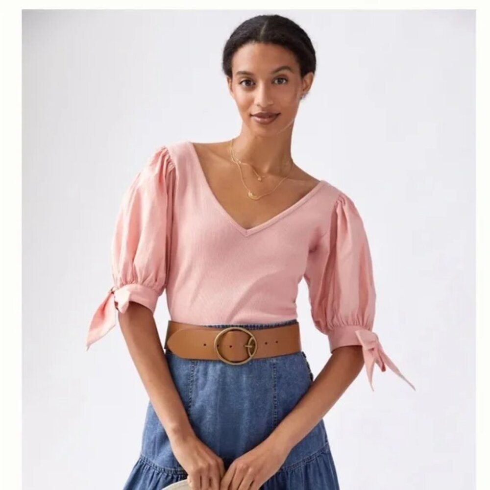 Maeve by Anthropologie Puff Sleeve Ribbed Top